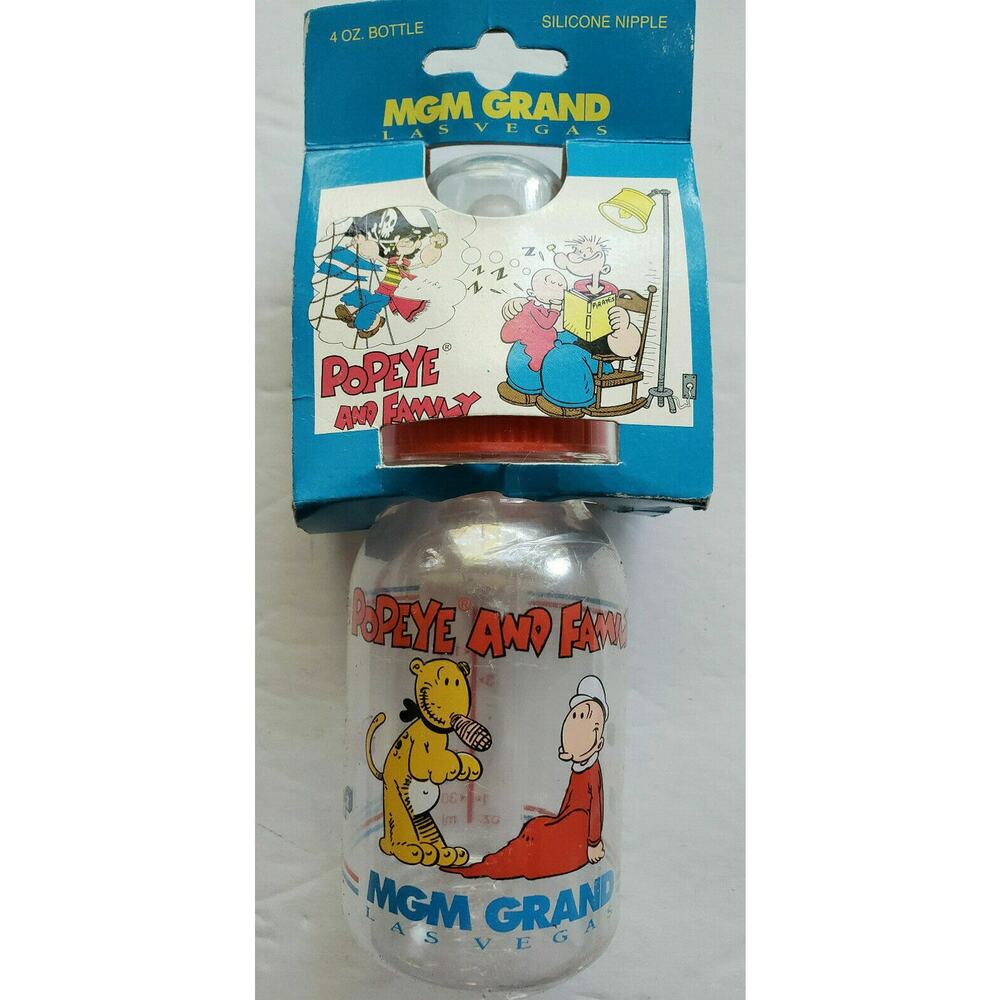 1995 MGM Grand Hotel Popeye and Family Baby Bottle 4 oz Brand New U156